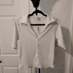 NWT Old Navy White Ribbed Short Sleeve Polo Shirt Preppy Size L